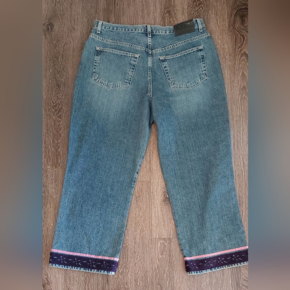 New York & Company Denim Blue Jeans Size 16 Embellished Velvet Trim 100% Cotton - Picture 11 of 12